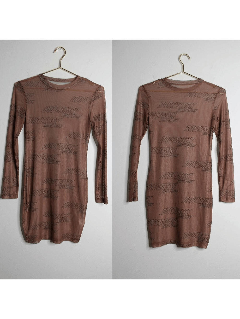 Brown Mesh "Dope Fresh" Bodycon Long Sleeve Mini Dress - Medium